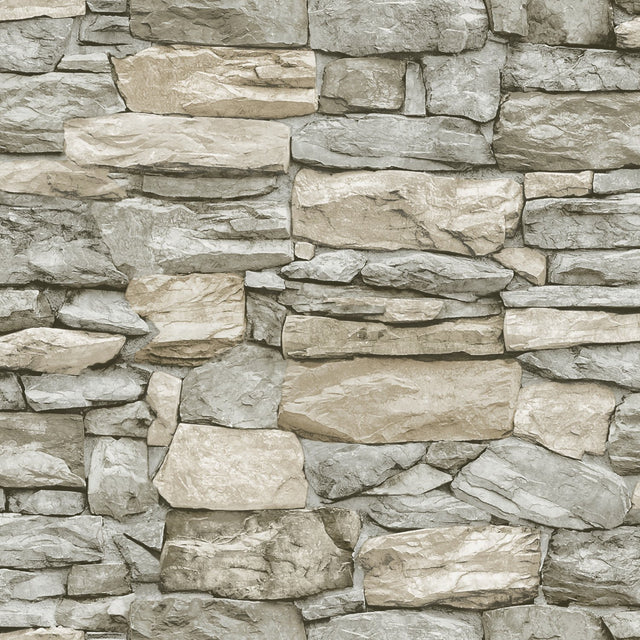 Stone Grey and Taupe Peel & Stick Wallpaper with Rustic Stone Look - York RMK11962WP