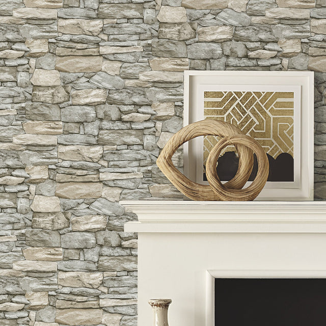 Stone Grey and Taupe Peel & Stick Wallpaper with Rustic Stone Look - York RMK11962WP