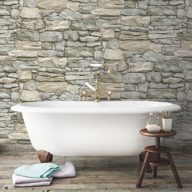 Stone Grey and Taupe Peel & Stick Wallpaper with Rustic Stone Look - York RMK11962WP