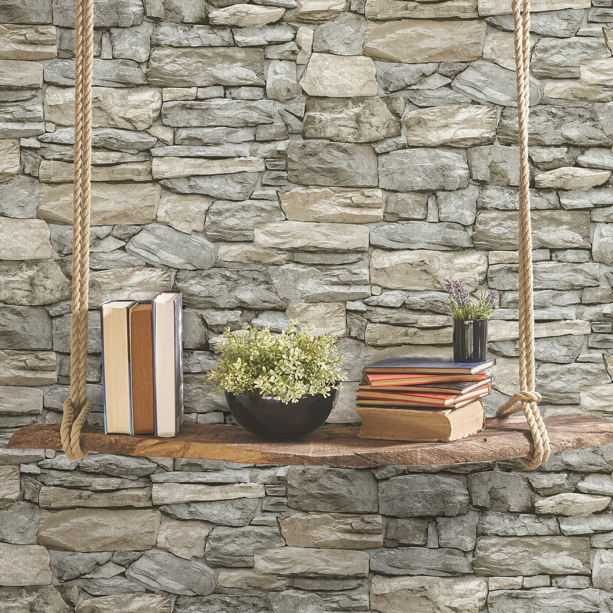Stone Grey and Taupe Peel & Stick Wallpaper with Rustic Stone Look - York RMK11962WP