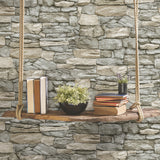 Stone Grey and Taupe Peel & Stick Wallpaper with Rustic Stone Look - York RMK11962WP