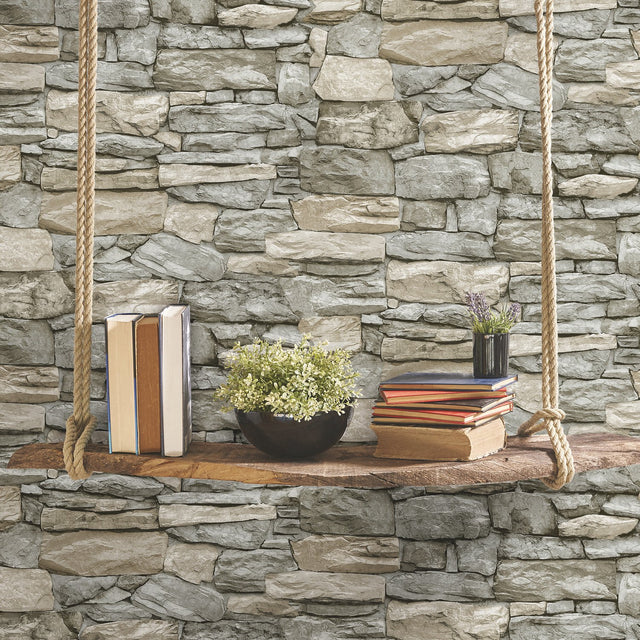 Stone Grey and Taupe Peel & Stick Wallpaper with Rustic Stone Look - York RMK11962WP