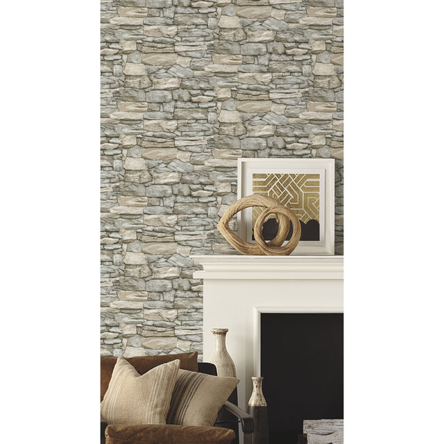 Stone Grey and Taupe Peel & Stick Wallpaper with Rustic Stone Look - York RMK11962WP