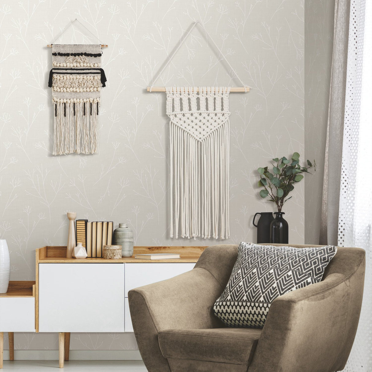 Twigs Beige Peel & Stick Wallpaper with Scandinavian Twig Motif - York RMK11968WP