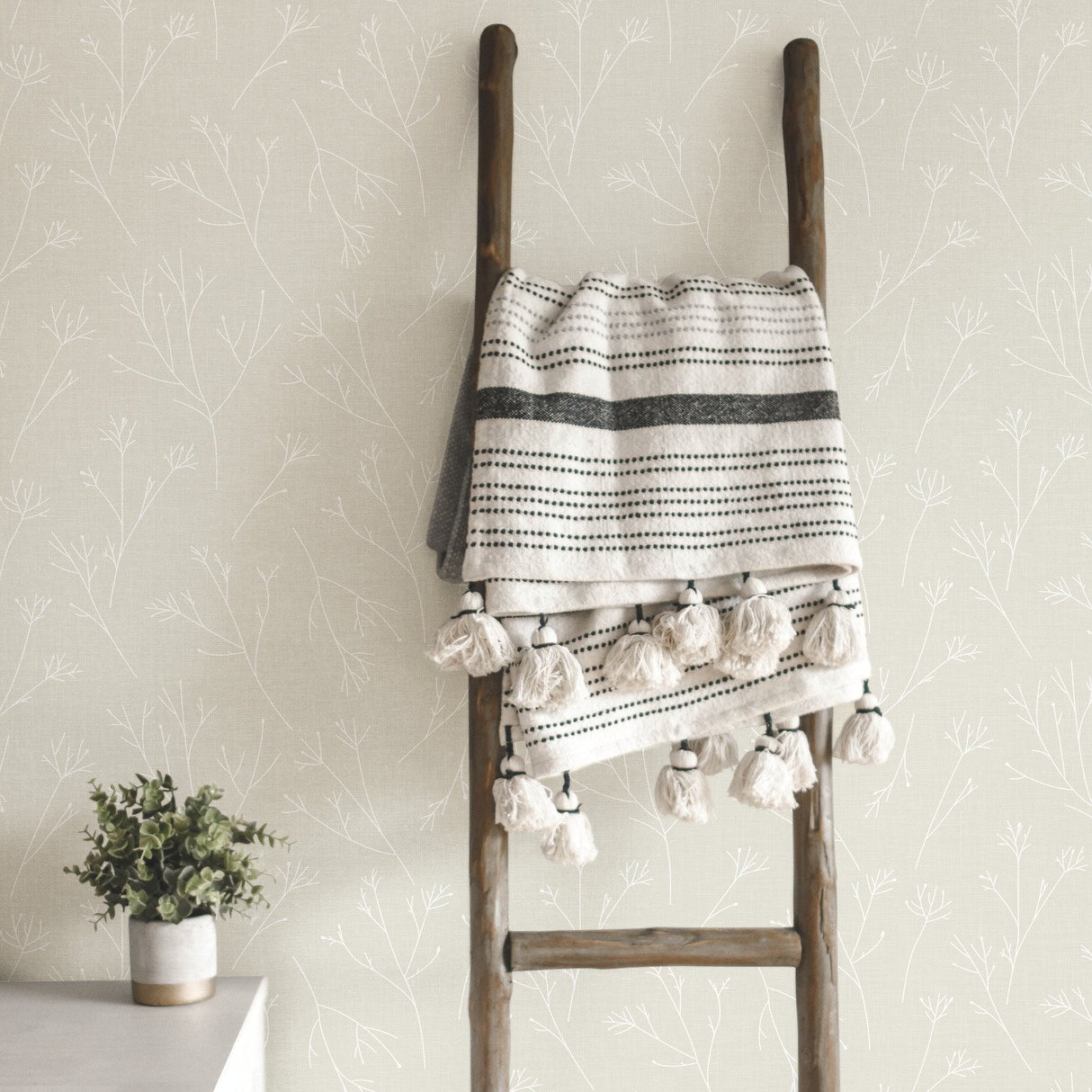 Twigs Beige Peel & Stick Wallpaper with Scandinavian Twig Motif - York RMK11968WP