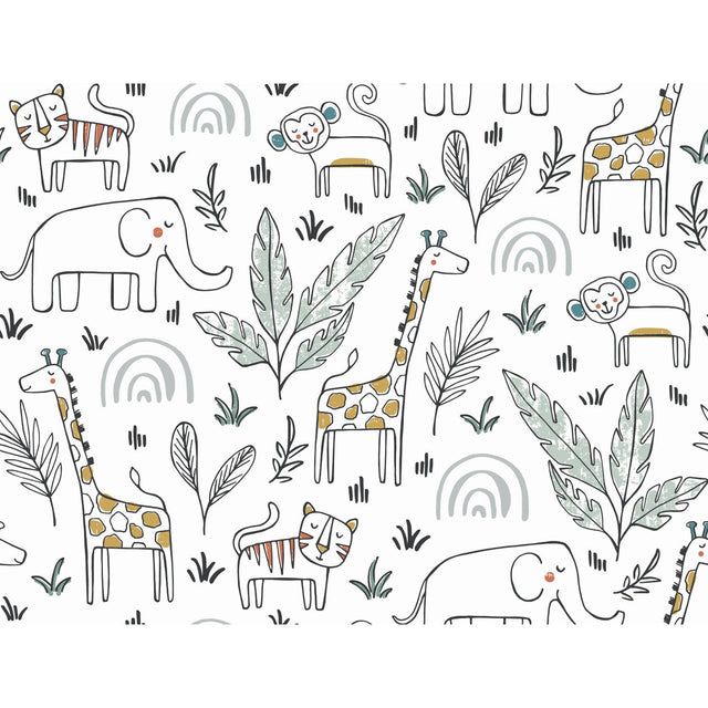 Jungle Menagerie Yellow Peel & Stick Wallpaper with Botanical Leaves & Modern Tropical Animal Motif - York RMK11980RL