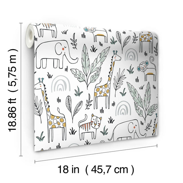 Jungle Menagerie Yellow Peel & Stick Wallpaper with Botanical Leaves & Modern Tropical Animal Motif - York RMK11980RL