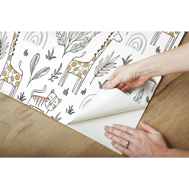 Jungle Menagerie Yellow Peel & Stick Wallpaper with Botanical Leaves & Modern Tropical Animal Motif - York RMK11980RL