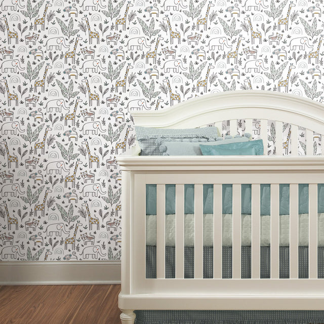 Jungle Menagerie Yellow Peel & Stick Wallpaper with Botanical Leaves & Modern Tropical Animal Motif - York RMK11980RL