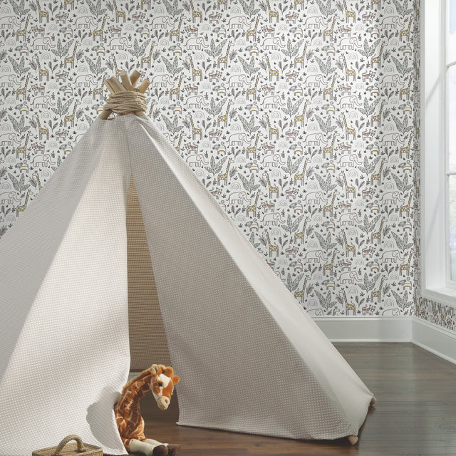 Jungle Menagerie Yellow Peel & Stick Wallpaper with Botanical Leaves & Modern Tropical Animal Motif - York RMK11980RL