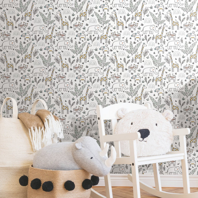 Jungle Menagerie Yellow Peel & Stick Wallpaper with Botanical Leaves & Modern Tropical Animal Motif - York RMK11980RL