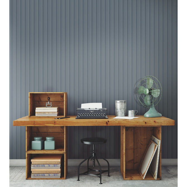 Beadboard Navy Peel & Stick Wallpaper with Wood Look Paneling - York RMK11997WP