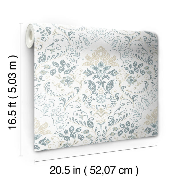 Persian Damask Blue Peel & Stick Wallpaper with Global Damask Pattern - York RMK11998WP