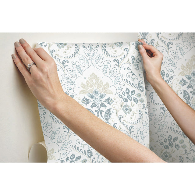 Persian Damask Blue Peel & Stick Wallpaper with Global Damask Pattern - York RMK11998WP