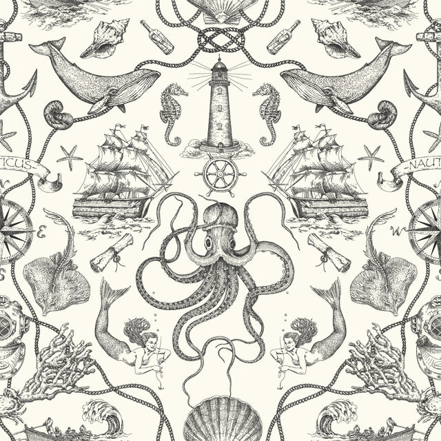 Deep Sea Toile Black Peel & Stick Wallpaper with Coastal Ocean Toile Pattern - York RMK12001WP