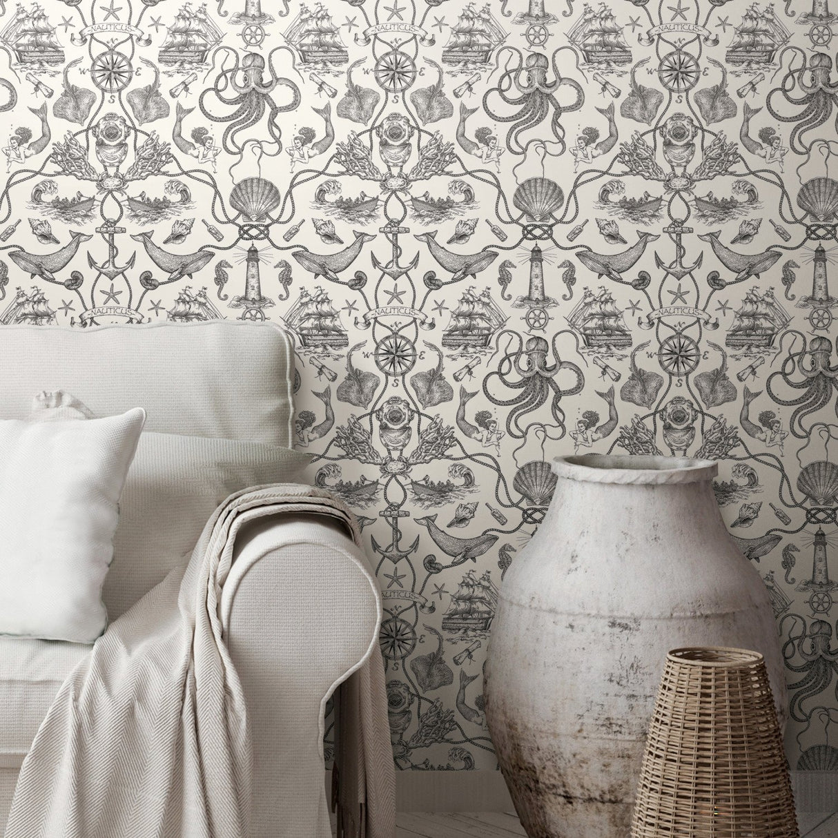 Deep Sea Toile Black Peel & Stick Wallpaper with Coastal Ocean Toile Pattern - York RMK12001WP