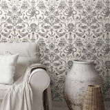 Deep Sea Toile Black Peel & Stick Wallpaper with Coastal Ocean Toile Pattern - York RMK12001WP
