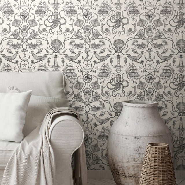Deep Sea Toile Black Peel & Stick Wallpaper with Coastal Ocean Toile Pattern - York RMK12001WP