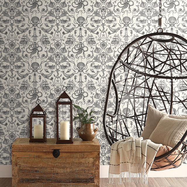 Deep Sea Toile Black Peel & Stick Wallpaper with Coastal Ocean Toile Pattern - York RMK12001WP