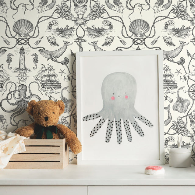 Deep Sea Toile Black Peel & Stick Wallpaper with Coastal Ocean Toile Pattern - York RMK12001WP