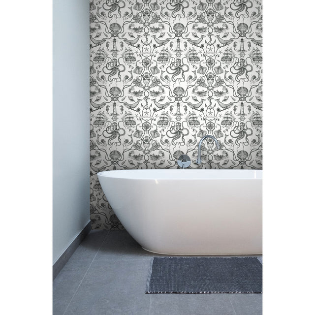 Deep Sea Toile Black Peel & Stick Wallpaper with Coastal Ocean Toile Pattern - York RMK12001WP