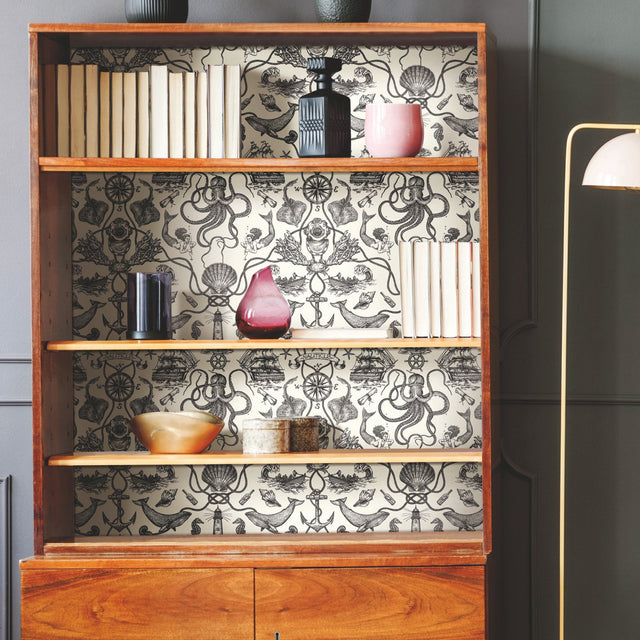 Deep Sea Toile Black Peel & Stick Wallpaper with Coastal Ocean Toile Pattern - York RMK12001WP