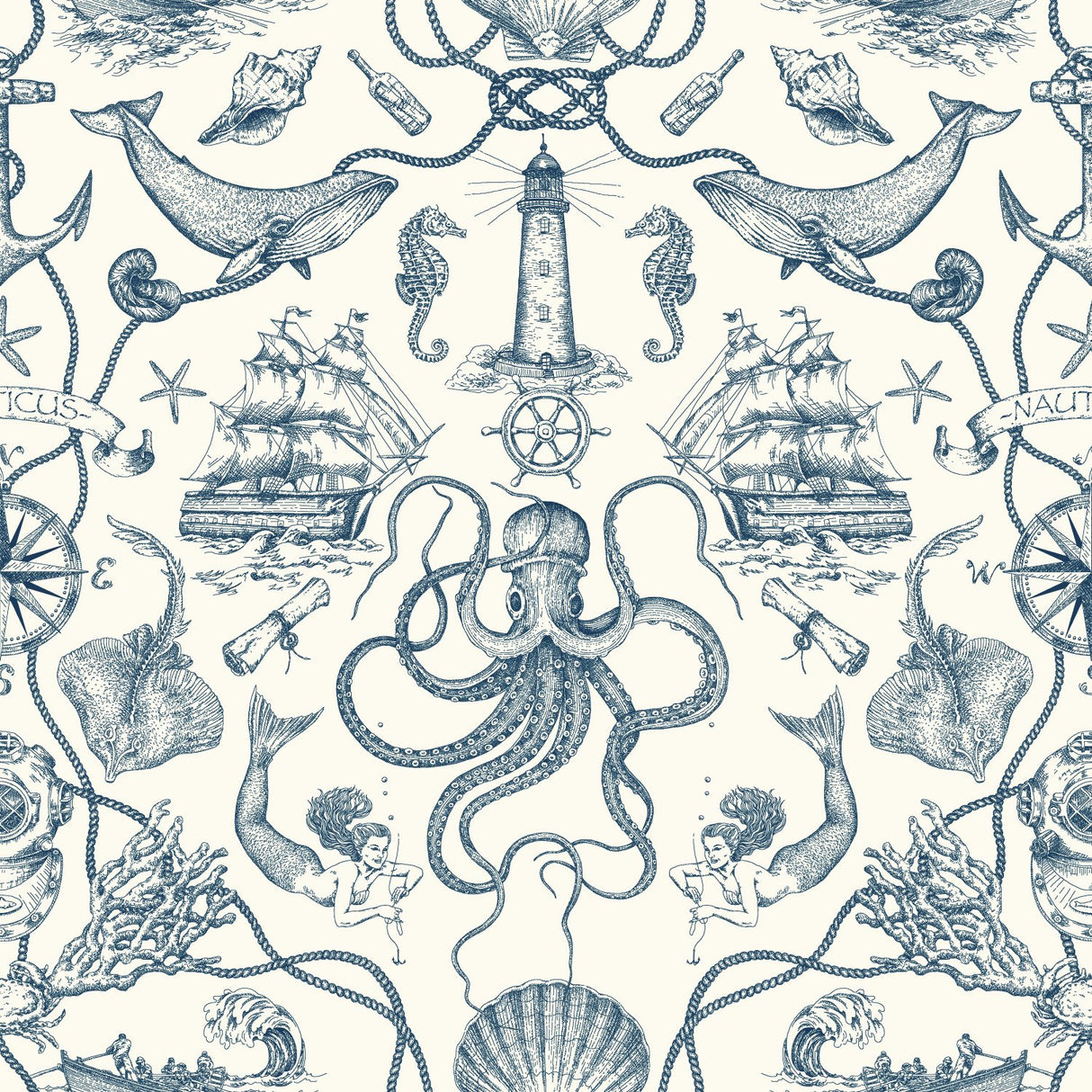 Deep Sea Toile Blue Peel & Stick Wallpaper with Coastal Nautical Toile Pattern - York RMK12002WP