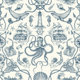 Deep Sea Toile Blue Peel & Stick Wallpaper with Coastal Nautical Toile Pattern - York RMK12002WP