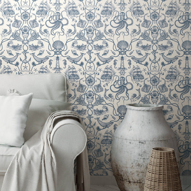 Deep Sea Toile Blue Peel & Stick Wallpaper with Coastal Nautical Toile Pattern - York RMK12002WP
