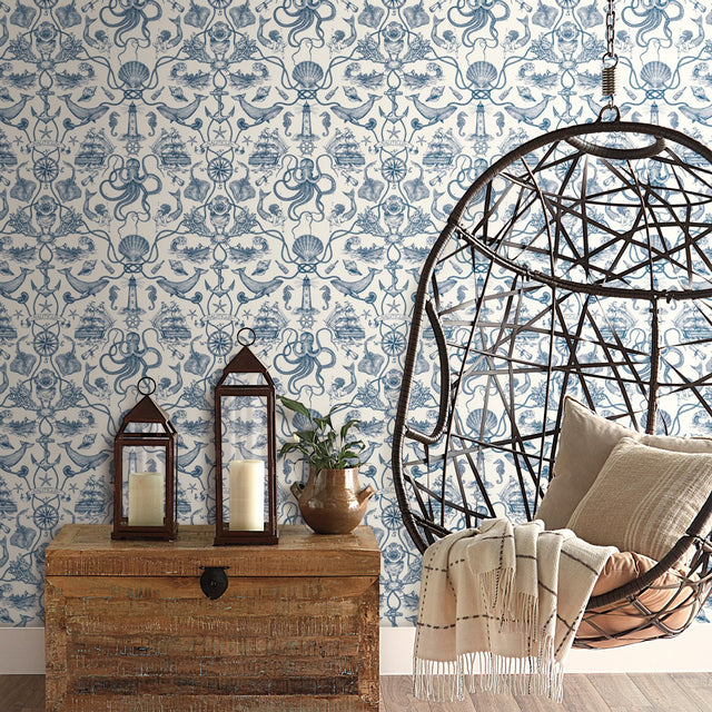 Deep Sea Toile Blue Peel & Stick Wallpaper with Coastal Nautical Toile Pattern - York RMK12002WP