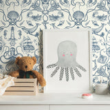 Deep Sea Toile Blue Peel & Stick Wallpaper with Coastal Nautical Toile Pattern - York RMK12002WP