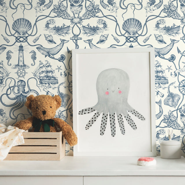 Deep Sea Toile Blue Peel & Stick Wallpaper with Coastal Nautical Toile Pattern - York RMK12002WP