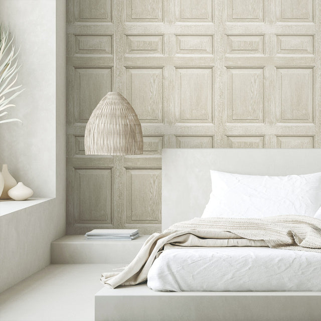 Beveled Wood Paneling Beige Peel & Stick Wallpaper with Vintage Wood Look Panel Motif - York RMK12003WP