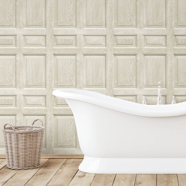 Beveled Wood Paneling Beige Peel & Stick Wallpaper with Vintage Wood Look Panel Motif - York RMK12003WP