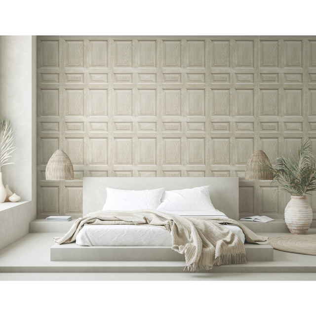 Beveled Wood Paneling Beige Peel & Stick Wallpaper with Vintage Wood Look Panel Motif - York RMK12003WP