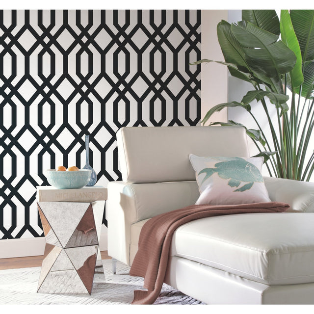 Gazebo Lattice Black Peel & Stick Wallpaper with Geometric Lattice Pattern - York RMK12014WP