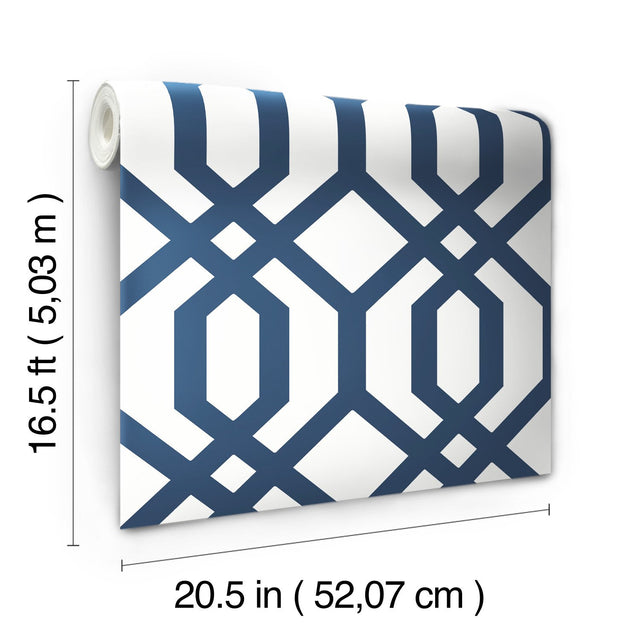 Gazebo Lattice Navy Peel & Stick Wallpaper with Geometric Trellis Pattern, Traditional Style - York RMK12015WP