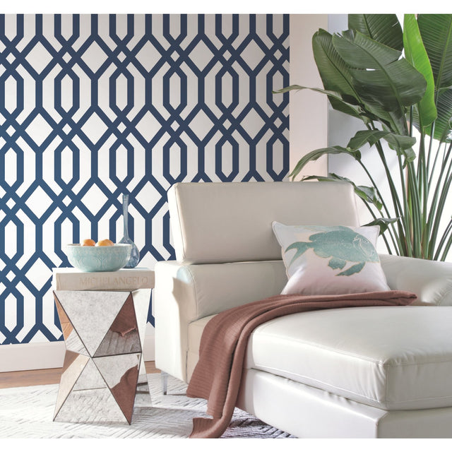 Gazebo Lattice Navy Peel & Stick Wallpaper with Geometric Trellis Pattern, Traditional Style - York RMK12015WP