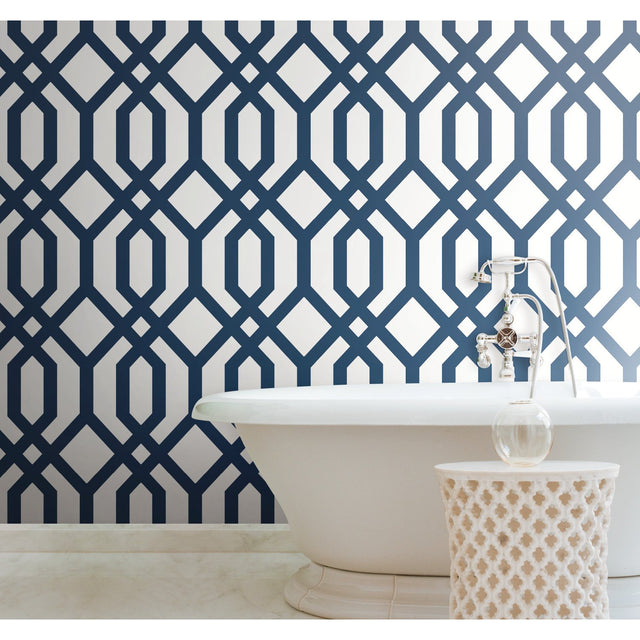 Gazebo Lattice Navy Peel & Stick Wallpaper with Geometric Trellis Pattern, Traditional Style - York RMK12015WP