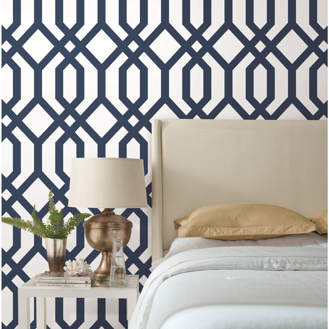 Gazebo Lattice Navy Peel & Stick Wallpaper with Geometric Trellis Pattern, Traditional Style - York RMK12015WP