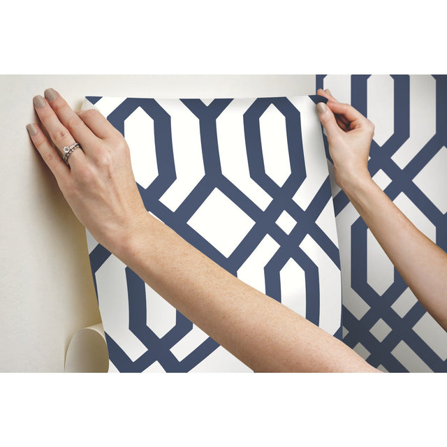 Gazebo Lattice Navy Peel & Stick Wallpaper with Geometric Trellis Pattern, Traditional Style - York RMK12015WP