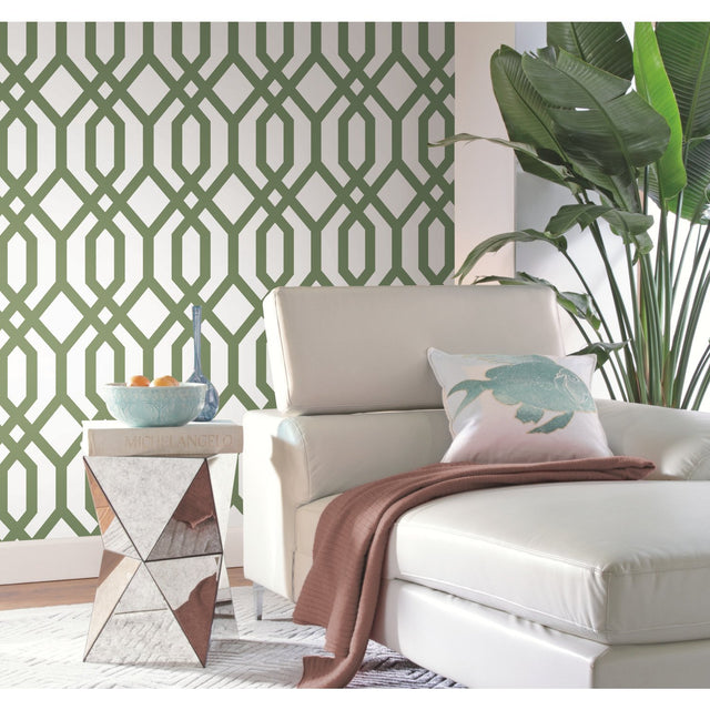 Gazebo Lattice Green Peel & Stick Wallpaper with Geometric Lattice Pattern, Traditional Style - York RMK12016WP