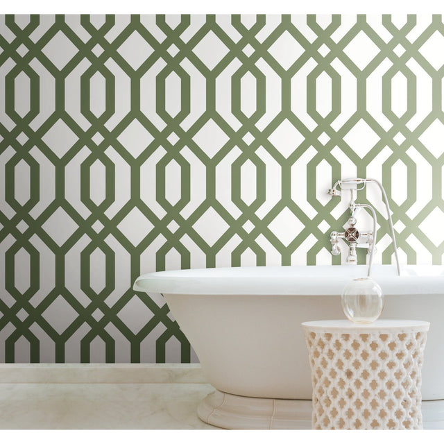 Gazebo Lattice Green Peel & Stick Wallpaper with Geometric Lattice Pattern, Traditional Style - York RMK12016WP