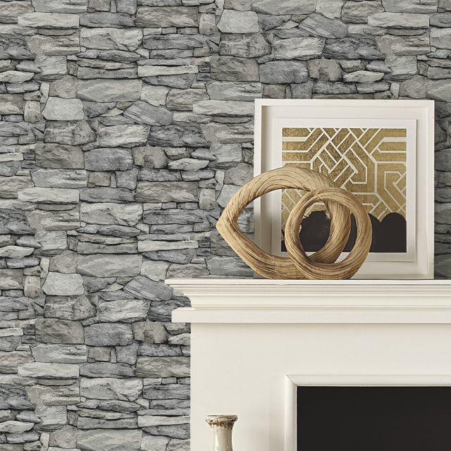 Stone Grey Peel & Stick Wallpaper with Industrial Stone Pattern - York RMK12017WP