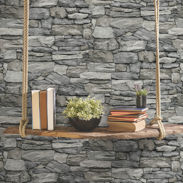 Stone Grey Peel & Stick Wallpaper with Industrial Stone Pattern - York RMK12017WP