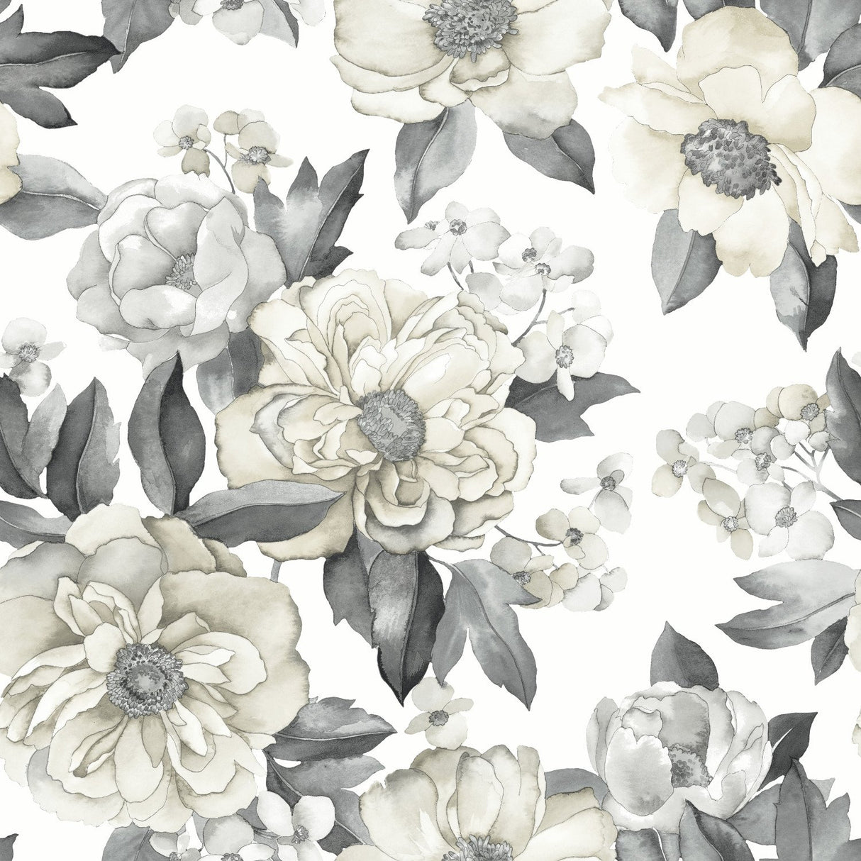 Watercolor Floral Bouquet Grey Peel & Stick Wallpaper with Botanical Flowers, Transitional Style - York RMK12030WP