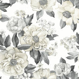 Watercolor Floral Bouquet Grey Peel & Stick Wallpaper with Botanical Flowers, Transitional Style - York RMK12030WP