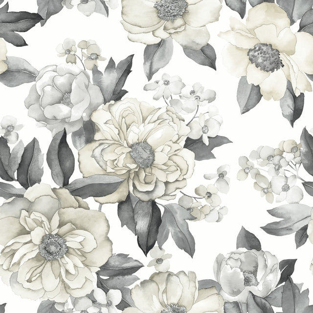Watercolor Floral Bouquet Grey Peel & Stick Wallpaper with Botanical Flowers, Transitional Style - York RMK12030WP