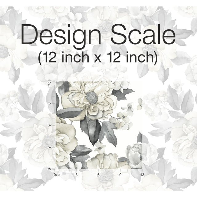 Watercolor Floral Bouquet Grey Peel & Stick Wallpaper with Botanical Flowers, Transitional Style - York RMK12030WP