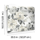 Watercolor Floral Bouquet Grey Peel & Stick Wallpaper with Botanical Flowers, Transitional Style - York RMK12030WP